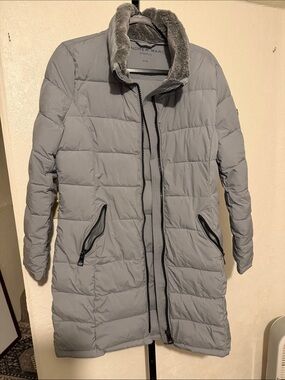 Andrew Marc Light Gray Quilted Long Puffer Coat with Faux Fur Collar